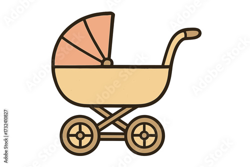 Baby carriage vector icon in flat design. Hand drawn pram illustration isolated on white background. Simple cartoon graphic for newborn, infant, baby shower, and motherhood.