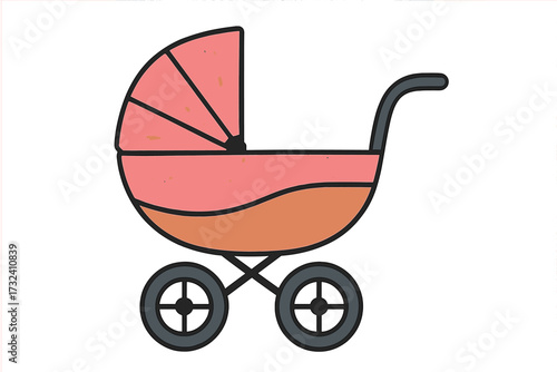 Baby carriage flat hand drawn icon. Side view of pram isolated on white. Vector color illustration for newborn, infant, baby shower. Cartoon style pink stroller for a girl.