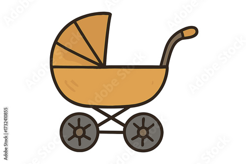 Baby carriage hand drawn vector icon. Flat cartoon style stroller or pram isolated. Newborn infant transport illustration. Motherhood, parenthood, baby shower design element.