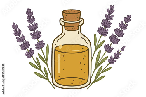 Hand drawn vector of lavender essential oil in a glass bottle. Isolated concept for aromatherapy, herbal medicine, natural cosmetics, beauty care, spa, and wellness product.