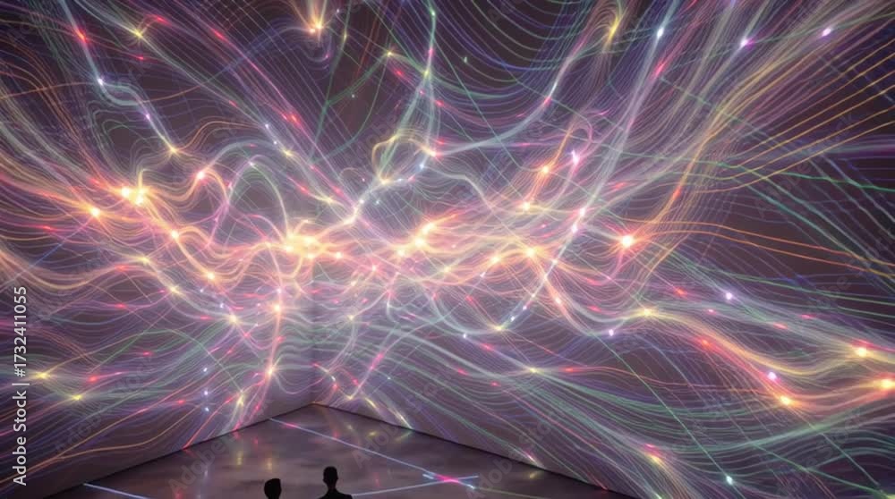 Two Figures Walking Through a Colorful, Abstract Light Installation