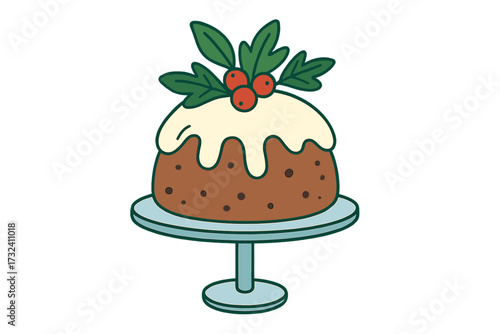 Festive Christmas pudding with white icing glaze and holly berry decoration on a cake stand. Traditional holiday dessert food. Cute hand drawn flat vector illustration isolated.