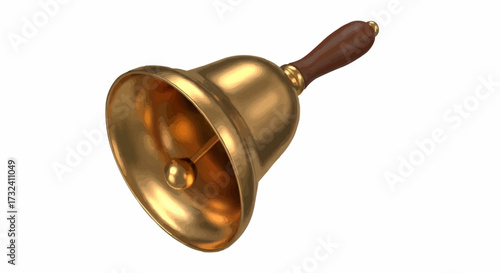 A Classic Brass Handheld Bell with a Smooth Wooden Handle Designed for Clear Audible Sound Production Emitting a Resonant Ring Perfect for Announcements or Signaling Various Occasions