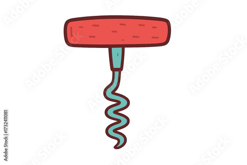 Colorful corkscrew isolated icon. Flat vector hand drawn cartoon illustration of a cork screw for opening wine bottles. Kitchen utensil or bar tool for alcoholic beverages.