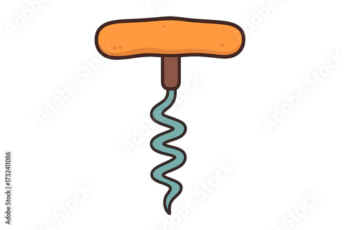 Colorful corkscrew isolated icon. Flat vector hand drawn illustration of a spin opener for wine bottles. Cartoon style cork screw tool for bar, restaurant, or kitchen.