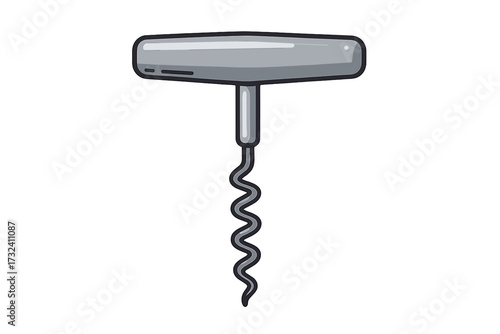 Simple T-handle corkscrew vector icon for removing corks. Wine bottle opener kitchen utensil. Metallic bar tool for alcoholic beverages. Flat color illustration isolated.