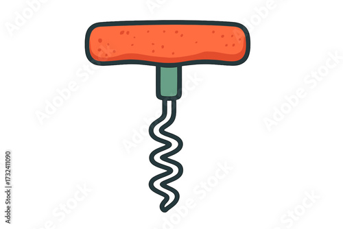 Corkscrew isolated icon. Colorful cork screw spin for wine. Flat vector hand drawn cartoon illustration. Kitchen tool for opening wine bottles. Bar equipment and accessory.