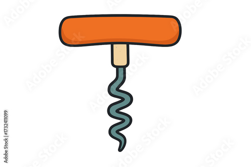 Corkscrew isolated icon. Colorful cork screw tool for wine. Flat vector hand drawn illustration. Kitchen utensil. Bar equipment. Uncorking beverage. Alcohol accessory concept.