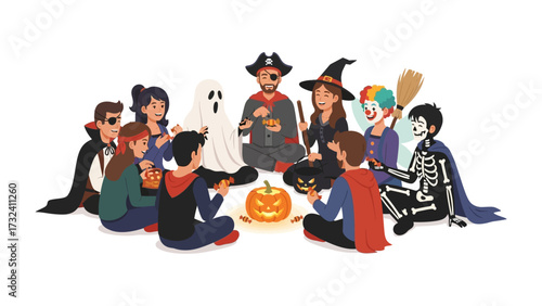 Halloween gathering: A group of friends, dressed in diverse costumes, gather around a carved pumpkin under the glow of the night sky. a whimsical scene for the spooky holiday spirit.