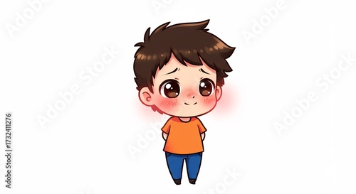 Un dulce chico chibi se sonroja tímidamente con estética kawaii vibrante ilustración digital infantil y fondo blanco