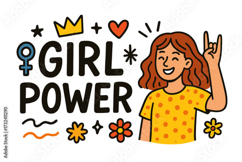 Girl Power modern doodle poster. Happy young woman with rock sign gesture. Vector illustration with motivational slogan and feminism quote for freedom and gender equality.