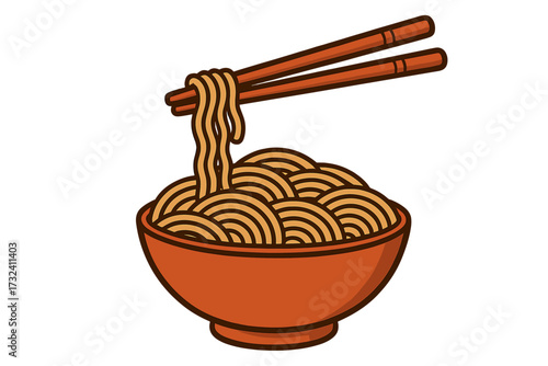 Ramen noodle bowl with chopsticks. Japanese soba or udon noodles. Chinese or Korean food concept. Asian cuisine vector illustration for menu, logo or icon. Cartoon style meal.