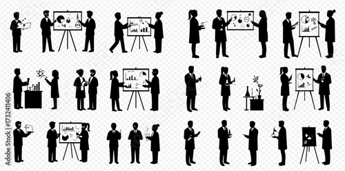 Silhouettes of professionals and scientists presenting data, analyzing information, and discussing concepts in business and laboratory settings.