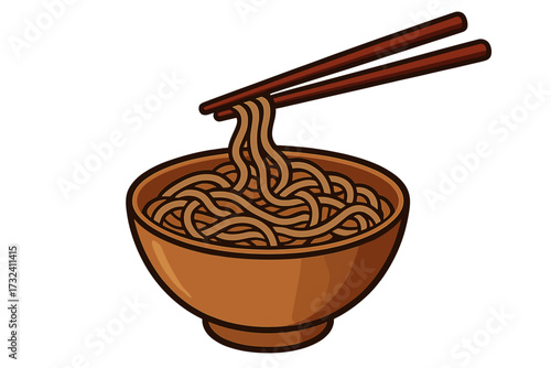 Bowl of buckwheat soba noodles with chopsticks. Asian food concept. Japanese, Chinese, Korean cuisine. Ramen, udon, wan mian meal. Vector cartoon illustration, isolated icon.