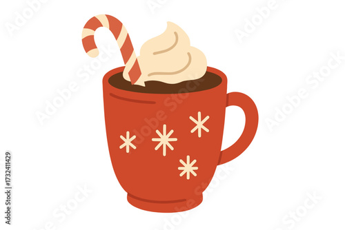 Hot chocolate with candy cane and whipped cream in red mug with snowflakes. Vector flat illustration. Christmas, winter holiday cozy warm drink. Cacao beverage icon isolated.