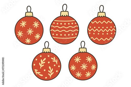 Set of hand drawn round red Christmas balls in hygge style. Isolated clipart elements. Vector flat cartoon illustration for winter holiday decoration. Easy to recolor ornaments.