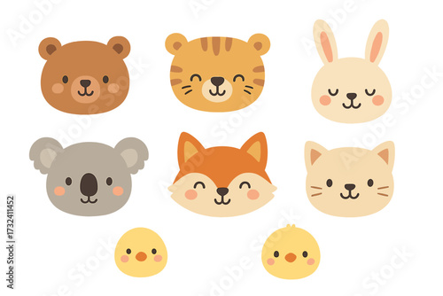 Cute childish animal faces collection. Bear, tiger, rabbit, koala, fox, cat, chick head icons. Vector flat design character set. Kawaii zoo, farm and forest animals for kids.