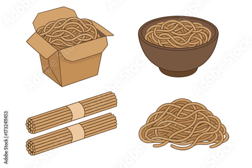 Buckwheat soba noodle set with different views. Asian food in takeaway box and bowl. Dry and boiled Japanese or Chinese noodles for menu, wok. Vector flat cartoon illustration.