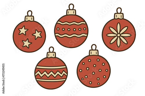 Hand drawn red Christmas balls set. Vector flat illustration in hygge style. Isolated round baubles with patterns. Xmas winter holiday decoration clipart. Festive cartoon graphic.