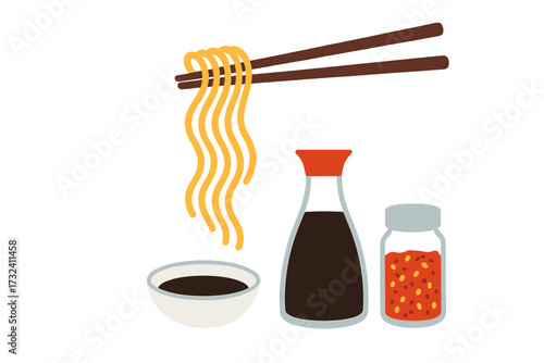 Chopsticks holding noodles with soy sauce and chili pepper flakes. Asian food concept for Chinese, Japanese, Korean cuisine. Flat vector illustration for a restaurant menu design.