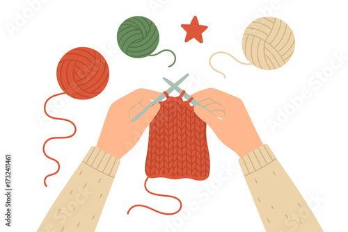 Knitting process top view. Hands holding needles with yarn. Winter holiday hobby, preparing for Christmas. Cozy handmade craft, DIY leisure activity. Flat vector illustration.