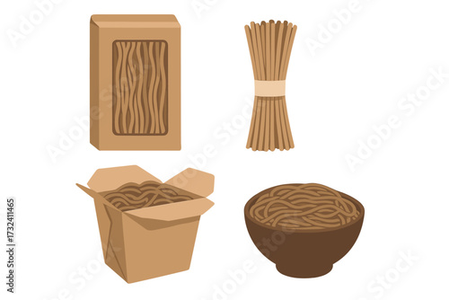 Buckwheat soba noodle set vector illustration. Asian food collection with dry pasta pack, takeout box, and cooked noodles in a bowl. Japanese cuisine concept flat design elements.