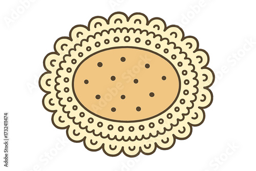 Round cookie vector illustration. Vintage biscuit icon. Sweet food snack. Shortbread dessert from bakery. Cartoon flat design element. Isolated hand-drawn doodle clipart.