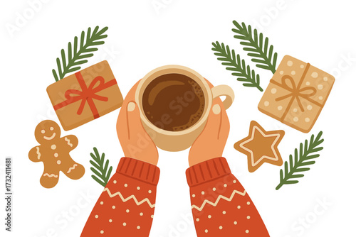 Cozy Christmas composition top view. Hands in sweater hold coffee mug. Holiday scene with gifts, gingerbread cookies, fir branches. New Year flat vector illustration concept.