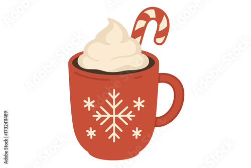 Hot chocolate in a red Christmas mug with whipped cream and a candy cane. Winter holiday warm drink concept. Cute vector flat illustration of a festive sweet beverage with snowflakes.