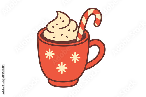 Christmas hot chocolate in red mug with candy cane and whipped cream. Cozy winter holiday hot drink concept. Cute hand drawn flat vector illustration for festive greeting card.