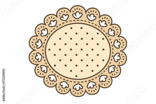 Lace doily placemat vector. Vintage round napkin with hearts. Ornamental frame for scrapbooking. Cute hand-drawn label. Rustic polka dot background for invitation or card.