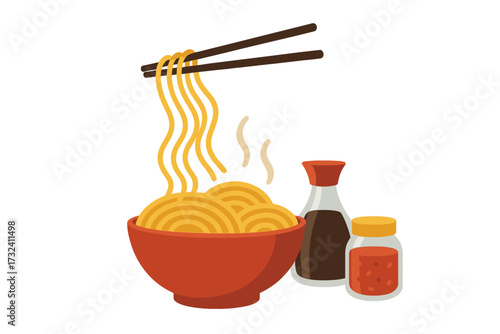 Vector illustration of Asian noodles in a bowl with chopsticks. Chinese or Japanese ramen soup with soy sauce and chili for a restaurant menu. Hot meal concept isolated on white.