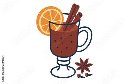 Mulled wine with orange slice and spices. Isolated Christmas drink concept. Vector flat hand drawn illustration. Hot spiced winter beverage with cinnamon, anise and cloves.