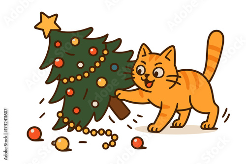 Naughty cat dropping a decorated Christmas tree. Funny pet behavior on Xmas. Cute cartoon vector for card, banner, poster. Merry Catmas holiday humor illustration concept.