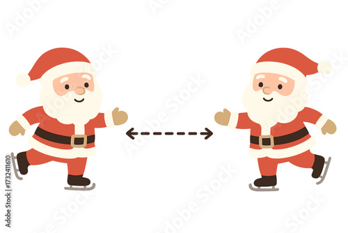 Christmas social distancing concept. Cute Santa Claus characters ice skating and keeping a safe distance. Holiday season safety during pandemic. Vector cartoon infographic.