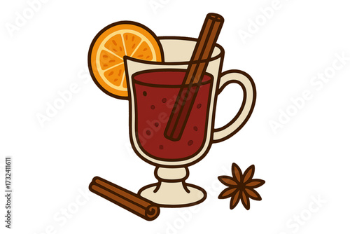 Mulled wine with orange slice, cinnamon stick and star anise. Isolated hot alcoholic beverage for winter holidays. Christmas drink concept. Vector flat hand drawn illustration.