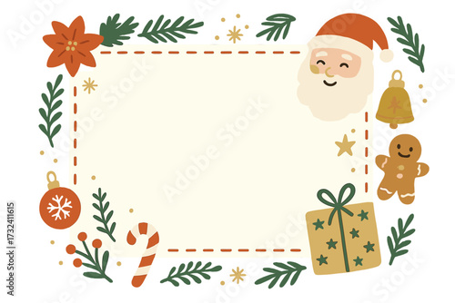 Christmas letter to Santa Claus template. Cute holiday frame for a wish list or invitation. Festive vector border with hand-drawn Scandinavian style elements. Winter background.