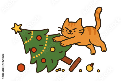 Naughty cat pushing over decorated Christmas tree. Funny pet making a mess. Bad kitty behavior. Holiday chaos and winter season problems. Humorous Xmas vector illustration.