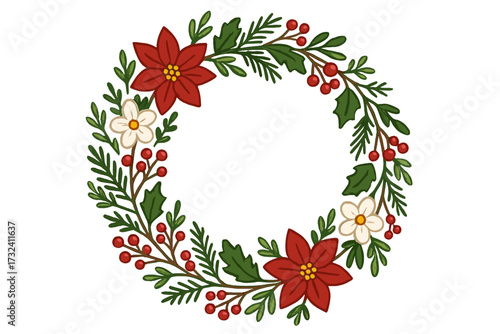 Hand-drawn Christmas wreath with poinsettia and holly berries. Vector floral frame for holiday cards. Winter decoration with pine branches. Isolated cartoon illustration concept.