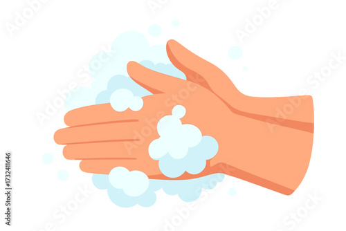 Washing hands with soap foam and bubbles. Personal hygiene and healthcare concept. Disinfection and cleaning for virus, coronavirus, and bacteria protection. Vector illustration.