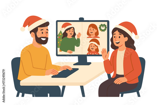 Concept of Christmas videoconference and web communication. Family or team meeting online. People have a virtual holiday discussion remotely. Vector flat illustration character.