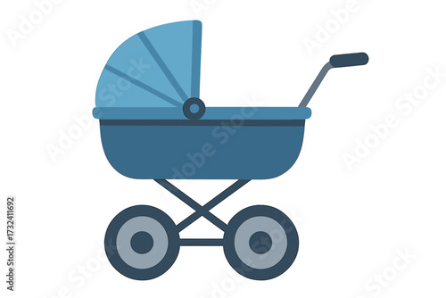 Blue baby carriage for a boy. Vector flat style icon. Perambulator with wheels and handle. Isolated pram for newborn kids. Transportation of baby in a buggy or stroller.