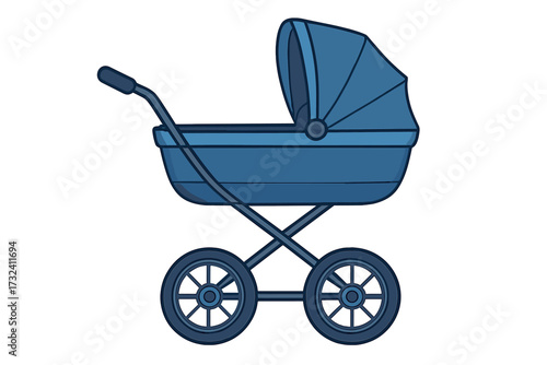 Blue baby stroller for a newborn boy. Vector illustration of a pram or carriage. Isolated infant transport buggy for children. Perambulator for kids. Flat style design.