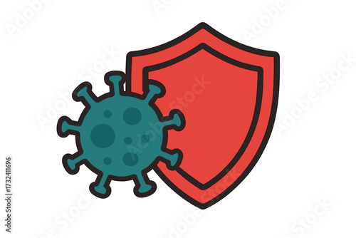 Coronavirus protection concept. Covid-19 icon with red shield. Stop virus symbol. Medical immune system defense. Health safety illustration. Prevent infection disease vector.