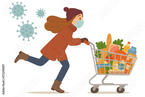Panic buying for coronavirus winter wave. Woman in face mask runs with a full shopping cart of groceries. Scared customer in supermarket. Covid-19 pandemic concept vector.