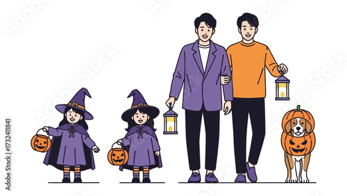 Halloween Parade: Two children and two adult and a dog dressed for Halloween, ready to enjoy a spooky celebration. 