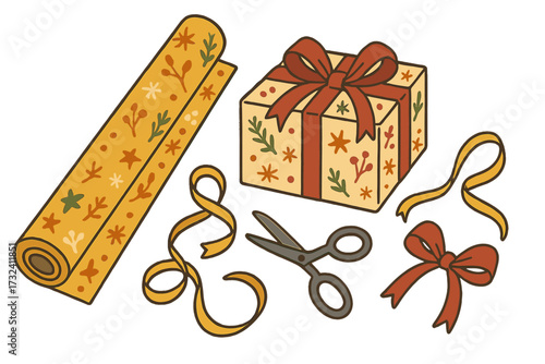 Retro Christmas gift wrapping set. Vector illustration of preparing for the holidays with festive paper, presents, ribbons, and scissors. Flat lay holiday craft concept.