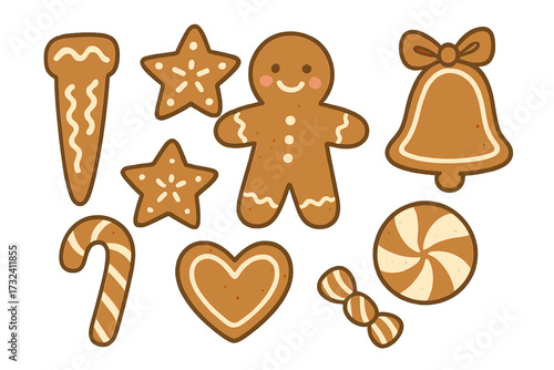 Cute gingerbread doodles for Christmas. Hand drawn vector set for holiday decoration. Clipart collection of festive cookies: man, star, bell, candy cane, and heart shapes.