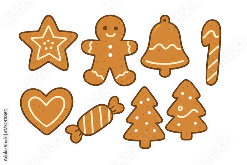 Gingerbread cookie set for Christmas decoration. Cute hand drawn doodle clipart of cookies. Ginger bread man, star, bell, candy cane, heart, tree. Flat vector holiday food.