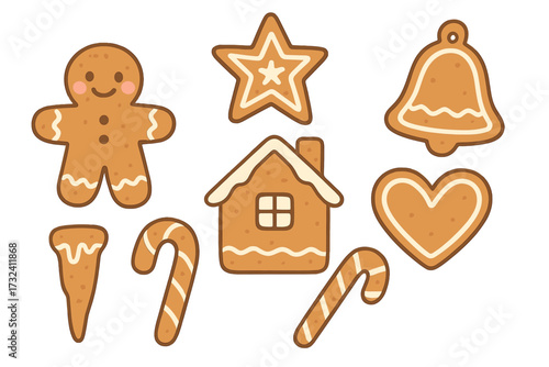 Christmas gingerbread cookie set. Cute hand drawn vector illustration for festive holiday decoration. Clipart collection of ginger bread man, house, star, heart, bell, and candy cane.